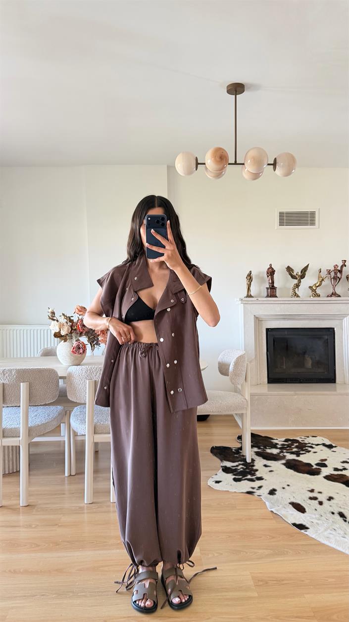 Kahve Yelek Beli Lastikli Şalvar Pantolon İkili Modal Takım GAUS-01652