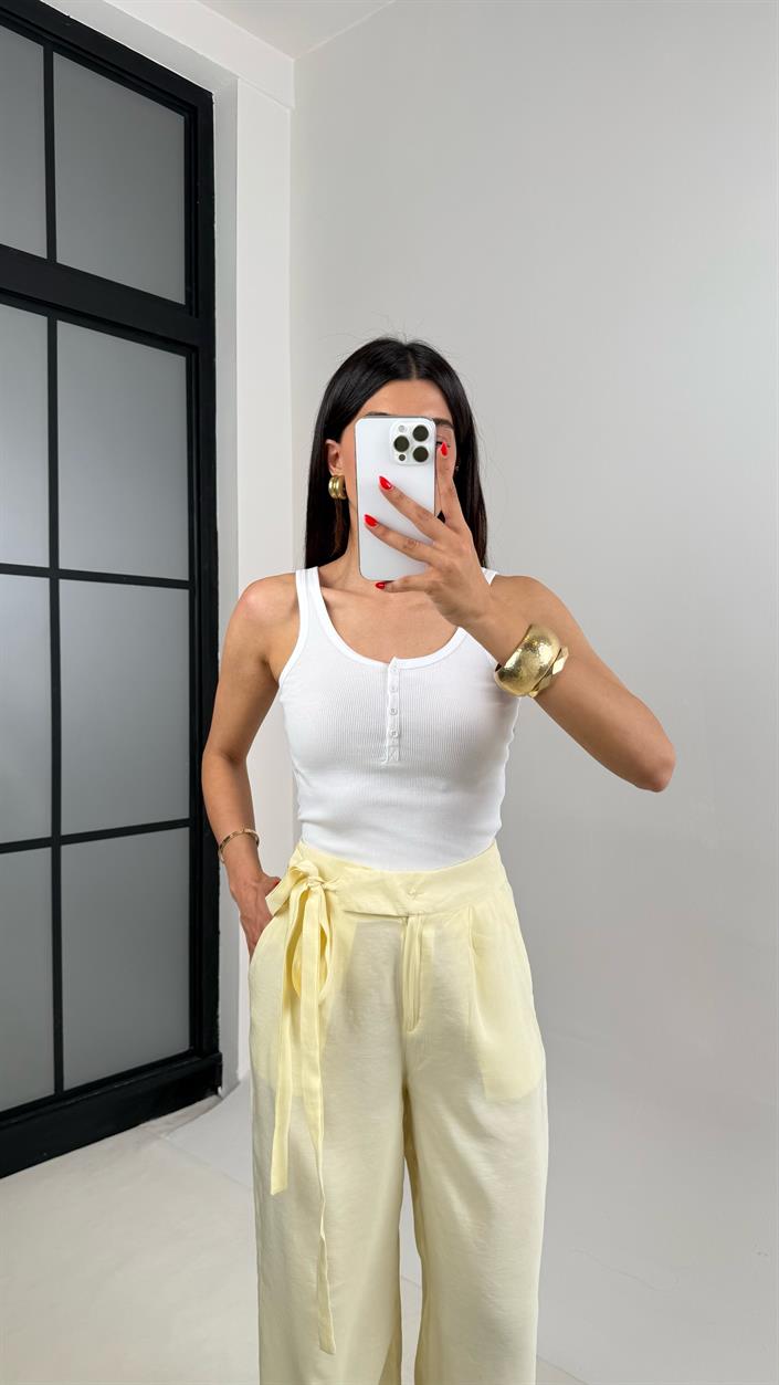 Sarı Yan Bağlamalı Tasarım Tencel Pantolon Gaus00500