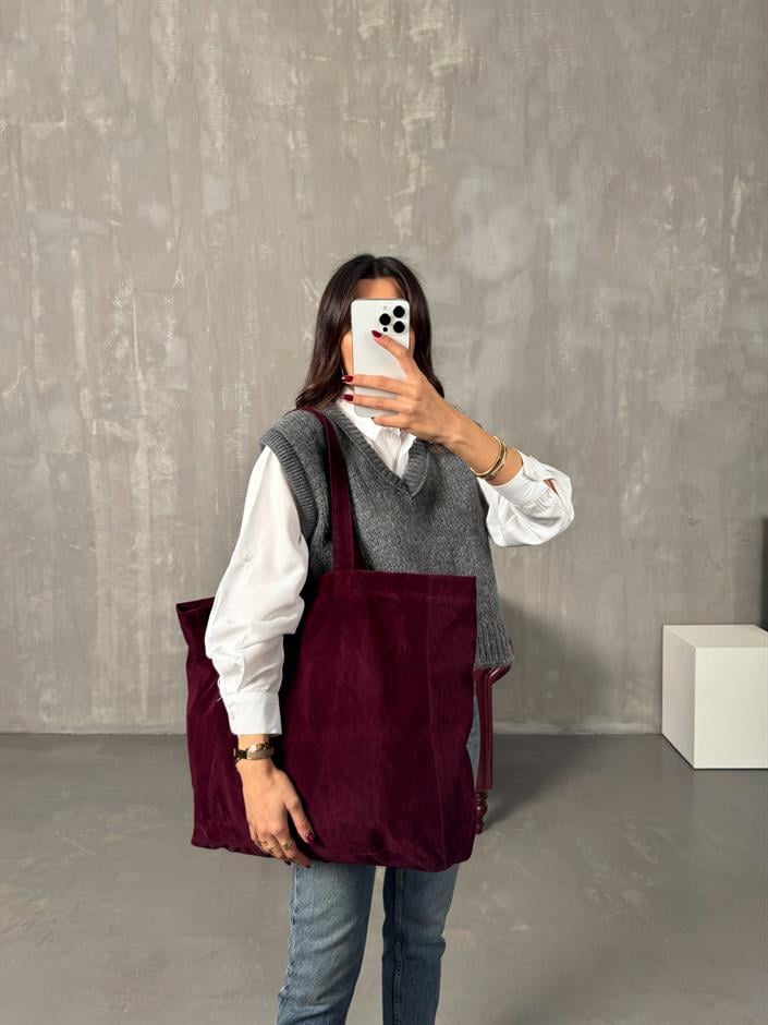 Acı Bordo Süet Astarlı Büyük Boy Çanta