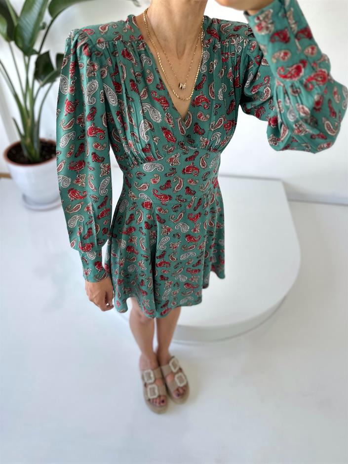 Aldonsa Yeşil Desenli Vatkalı Elbise 