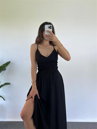 Alina Siyah İp Askılı Lastikli Uzun Elbise