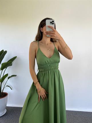 Alina Yeşil İp Askılı Lastikli Uzun Elbise