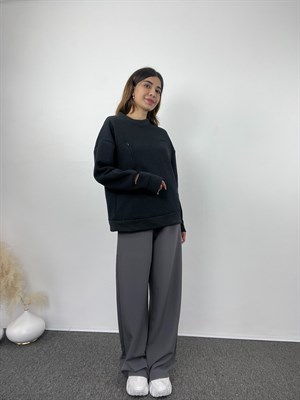 Antrasit Siyah Şardonlu Kol Detaylı Sweat 