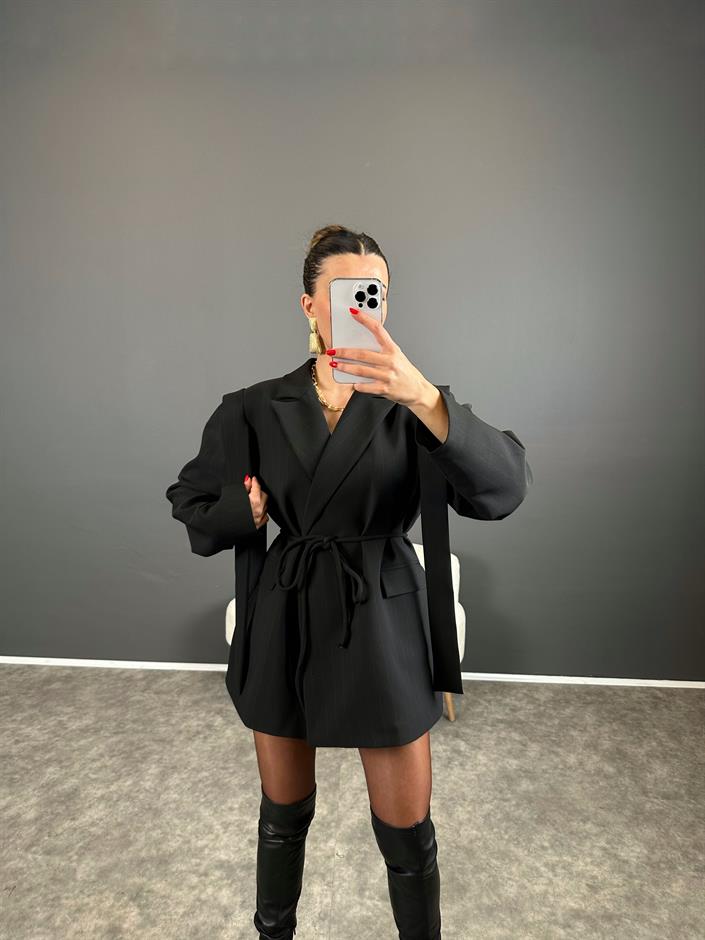 Anis Premium Siyah Çizgili Bağlamalı Astarlı Blazer Ceket 