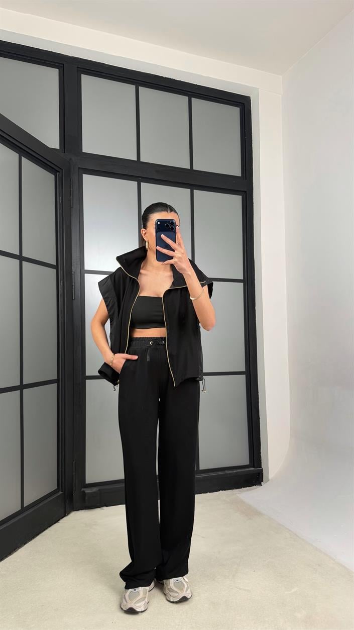 Siyah Paraşüt Kumaş Detaylı Yelek Pantolon İkili Modal Kumaş Takım GAUS-01369