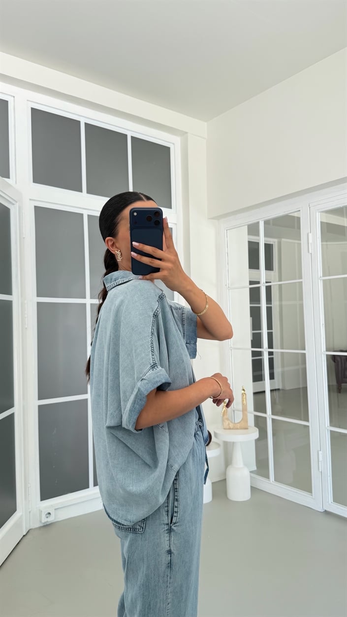 Mavi Gömlek Ayarlanabilir Pantolon İkili Tencel Denim Takım GAUS-01771