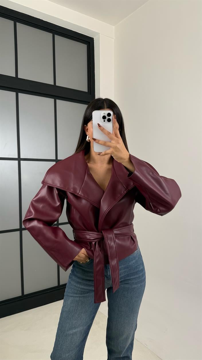 Bordo Deri Astarlı Kemerli Ceket GAUS-00338