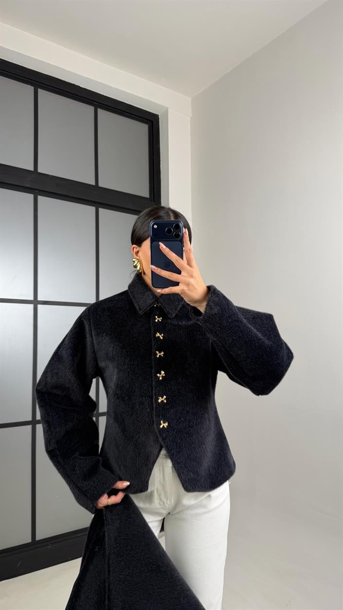 Siyah Fiyonk Düğmeli Astarlı Şal Detaylı Kaşe Ceket GAUS-00885