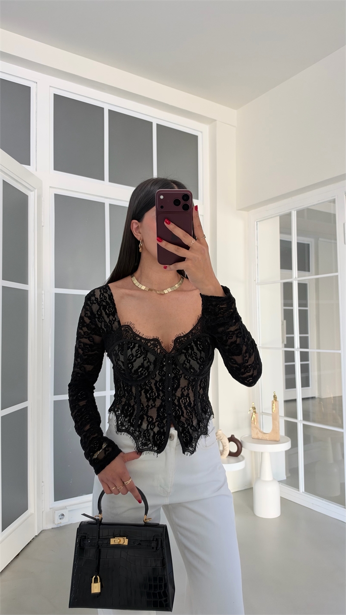 Siyah Dantel Detaylı Premium Korse Bluz GAUS-02281