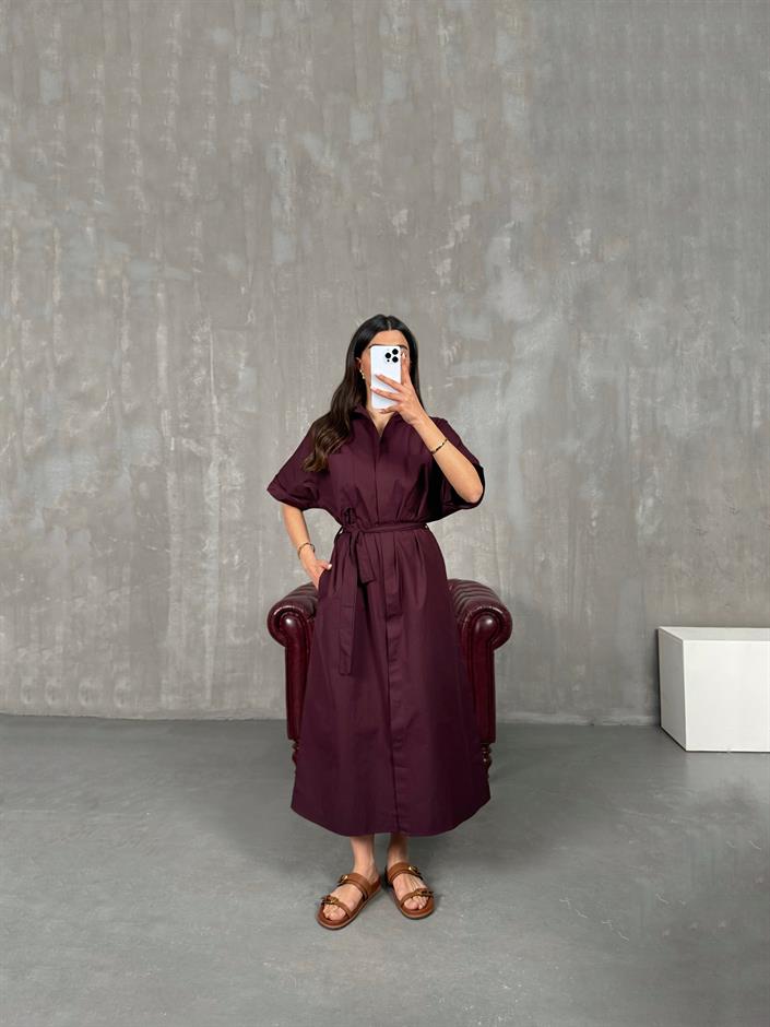 Bordo Cepli Önü Düğmeli Kuşaklı Elbise Gaus00257