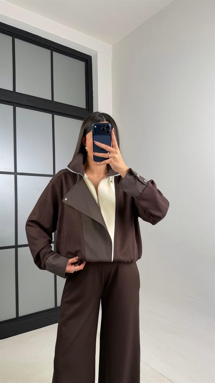 Acı Kahve Çıtçıt Düğmeli Ceket Pantolon Paraşüt Kumaş Detaylı Modal Takım GAUS-01075