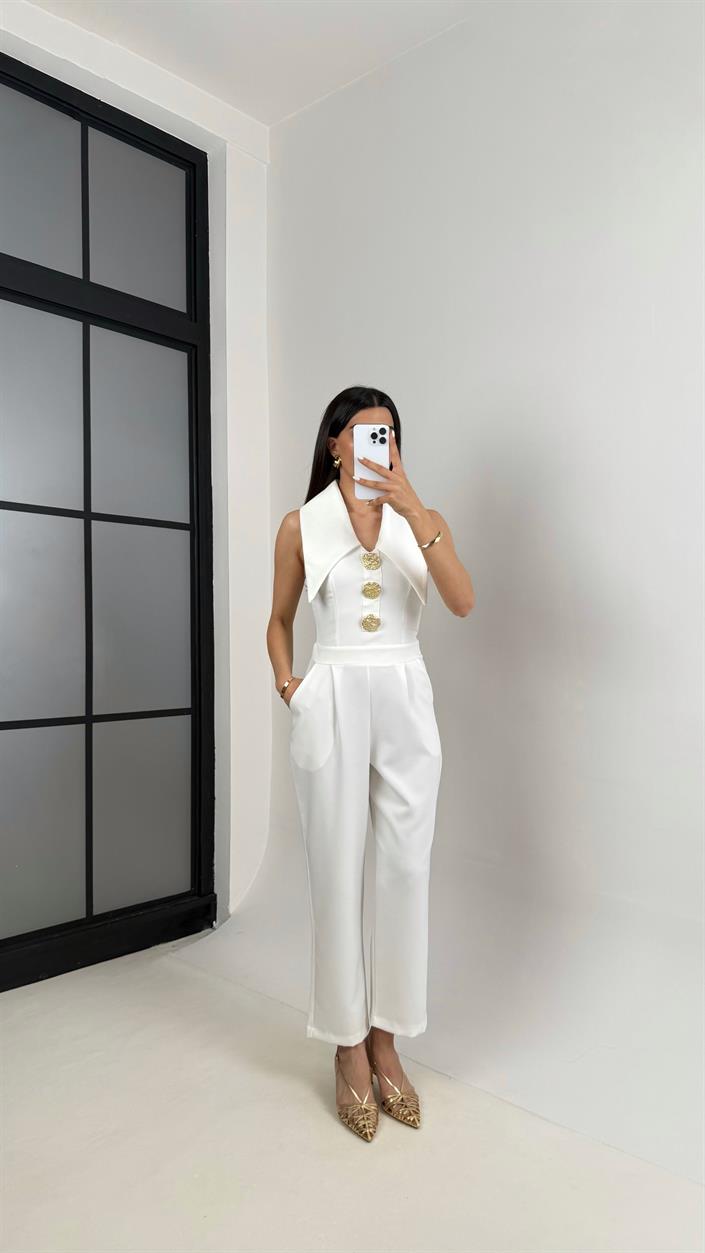 Beyaz Yaka Detaylı Gold Düğmeli Cepli Tasarım Tulum Gaus00452