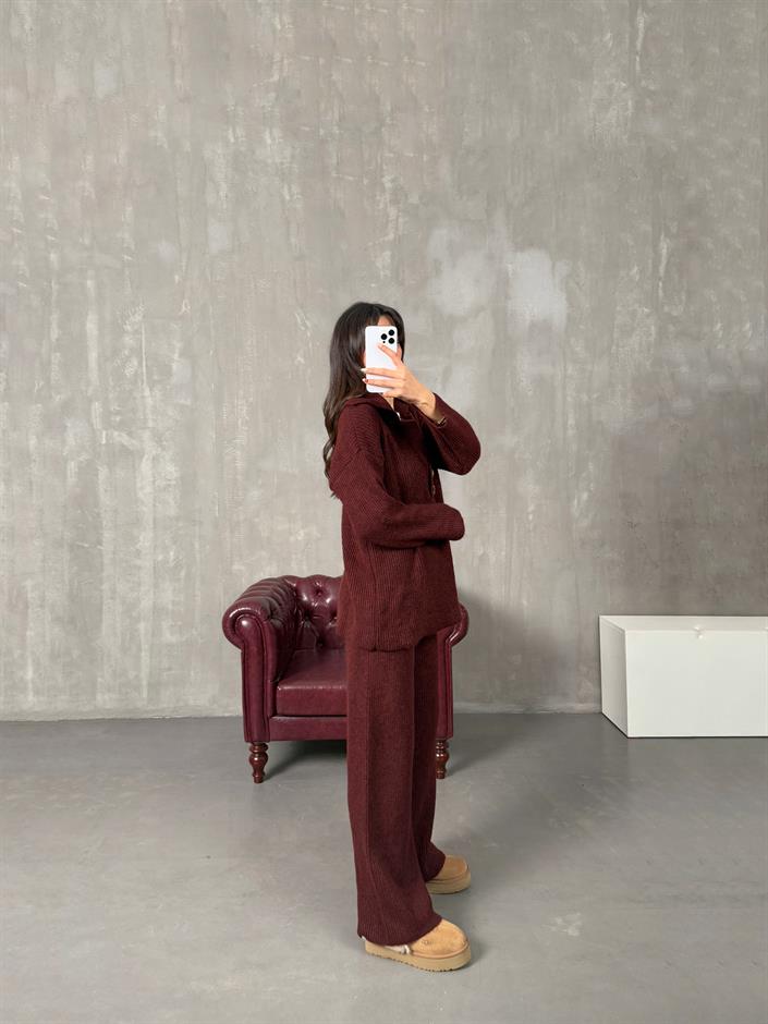 Sise Bordo Polo Yaka Fitilli Triko Takım