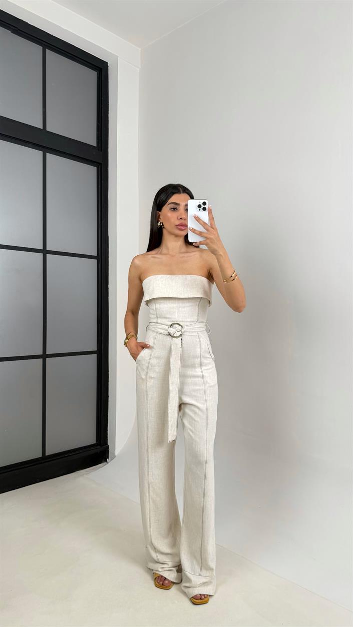 Taş Starplez Kemerli Keten Tulum Gaus00547