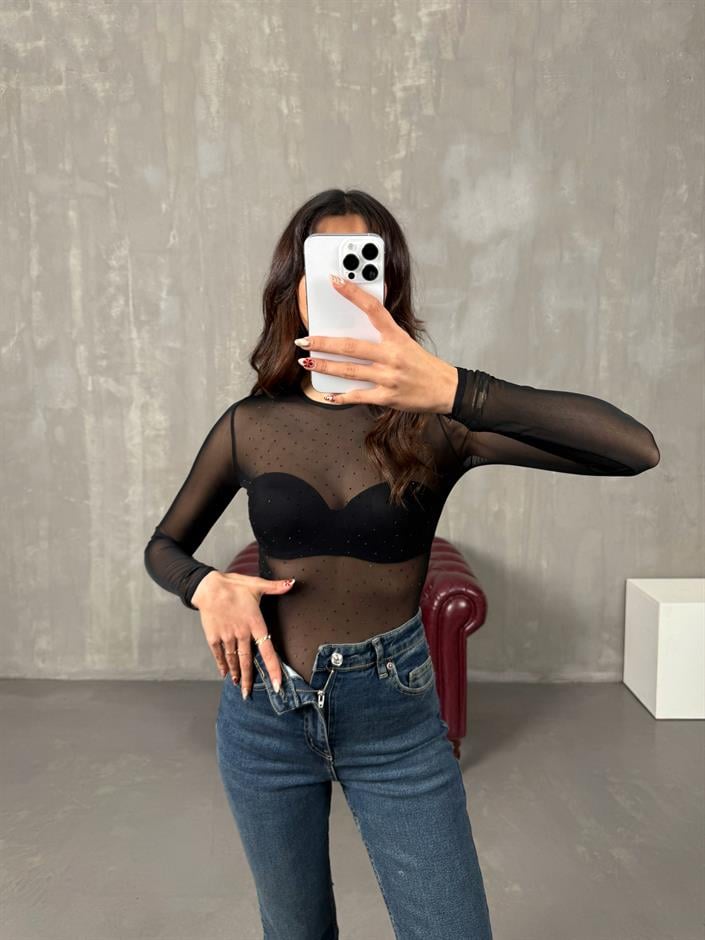 Reyya Siyah Taşlı Transparan Bodysuit 