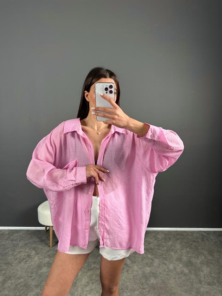Let Pembe Çizgili Premium Salaş Gömlek  