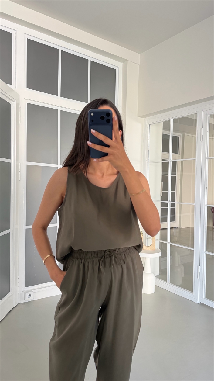 Haki Bluz Beli Lastikli Pantolon İkili Tencel Takım GAUS-01769