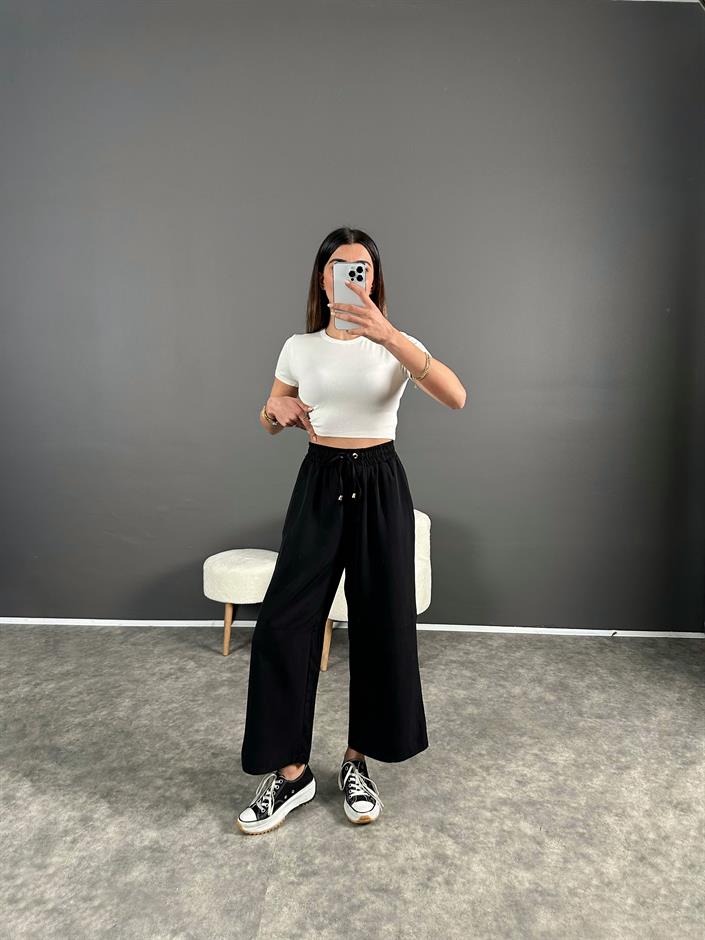 Premium Siyah Tensel Bilekte Bol Paça Pantolon 