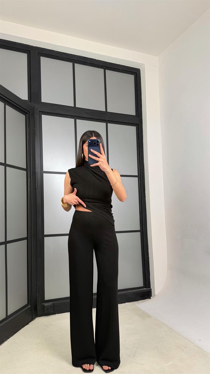 Siyah Sıfır Kol Bluz Beli Lastikli Pantolon Modal Takım GAUS-01348
