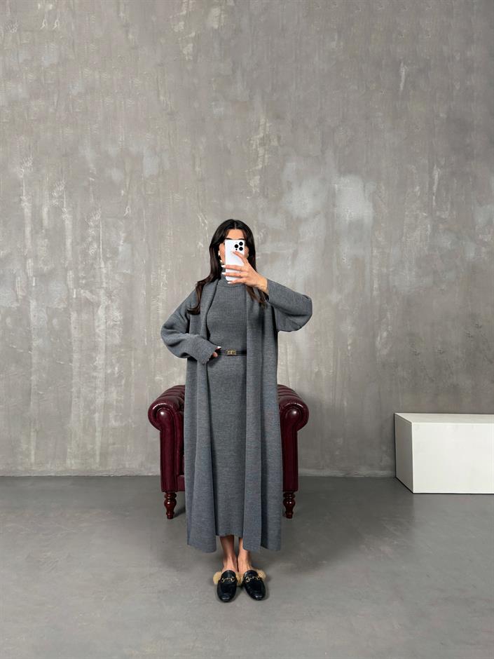 Sores Antrasit Balıkçı Yaka Yandan Yırtmaçlı Elbise Triko Hırka İkili Takım