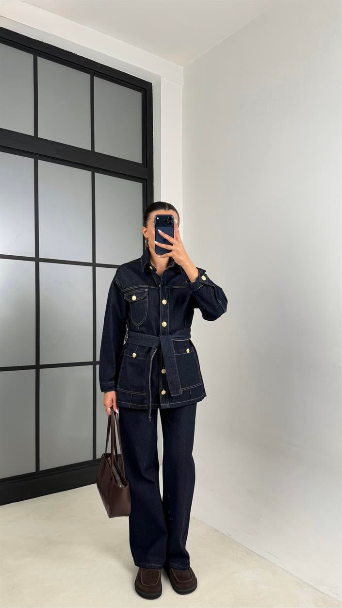 Lacivert Uzun Gold Düğmeli Tasarım Ceket Pantolon Denim Takım GAUS-00586