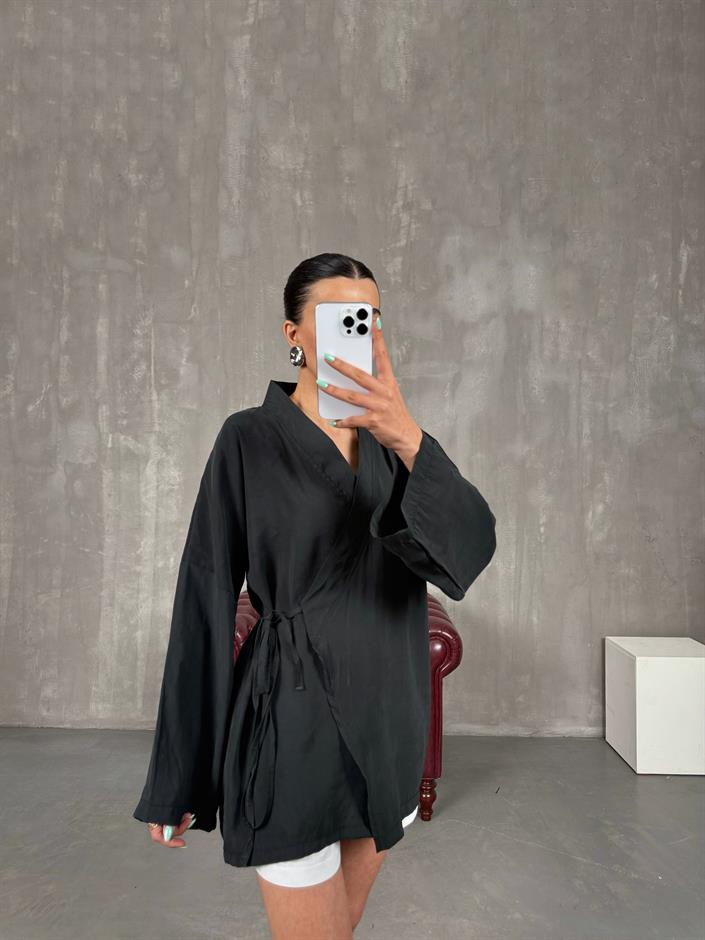 Siyah Önden Bağlamalı Tensel Kimono Gaus00240