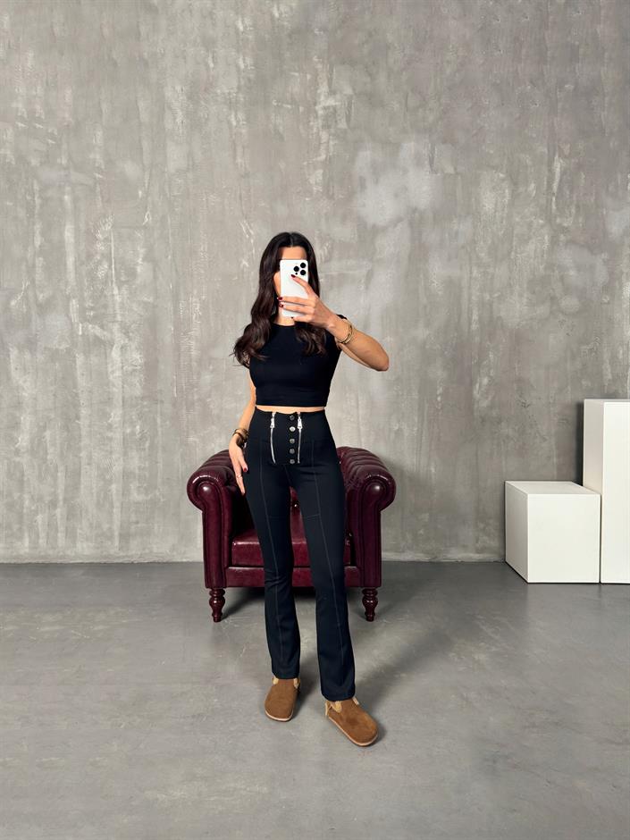 LO Çift Fermuarlı Siyah Çelik İspanyol Paça Tayt