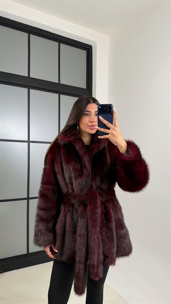 Bordo Astarlı Kuşaklı Premium Kürk GAUS-00649
