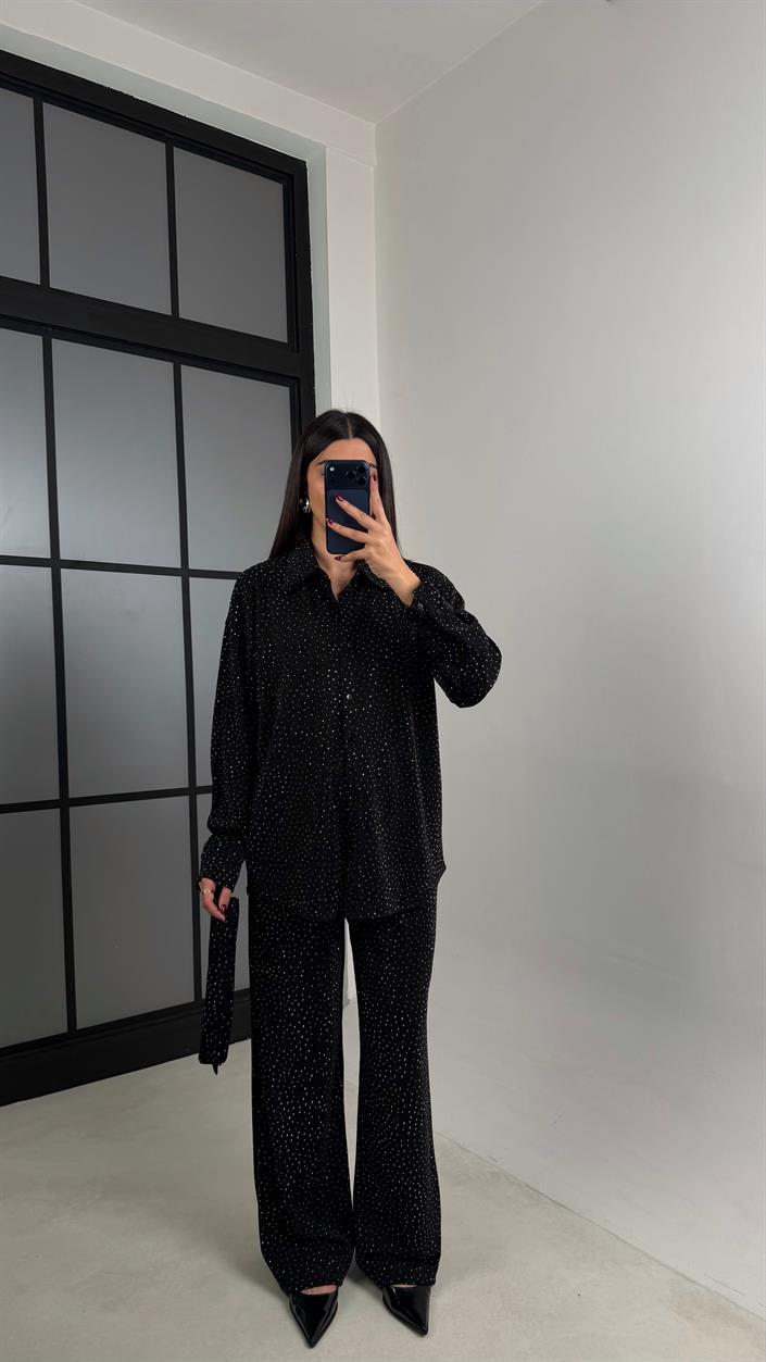 Siyah Taş Detaylı Kuşaklı Ceket Pantolon İkili Tasarım Takım GAUS-00764