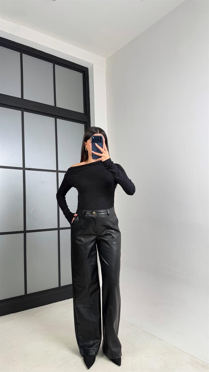 Siyah Geniş Paça Premium Deri Pantolon GAUS-00866