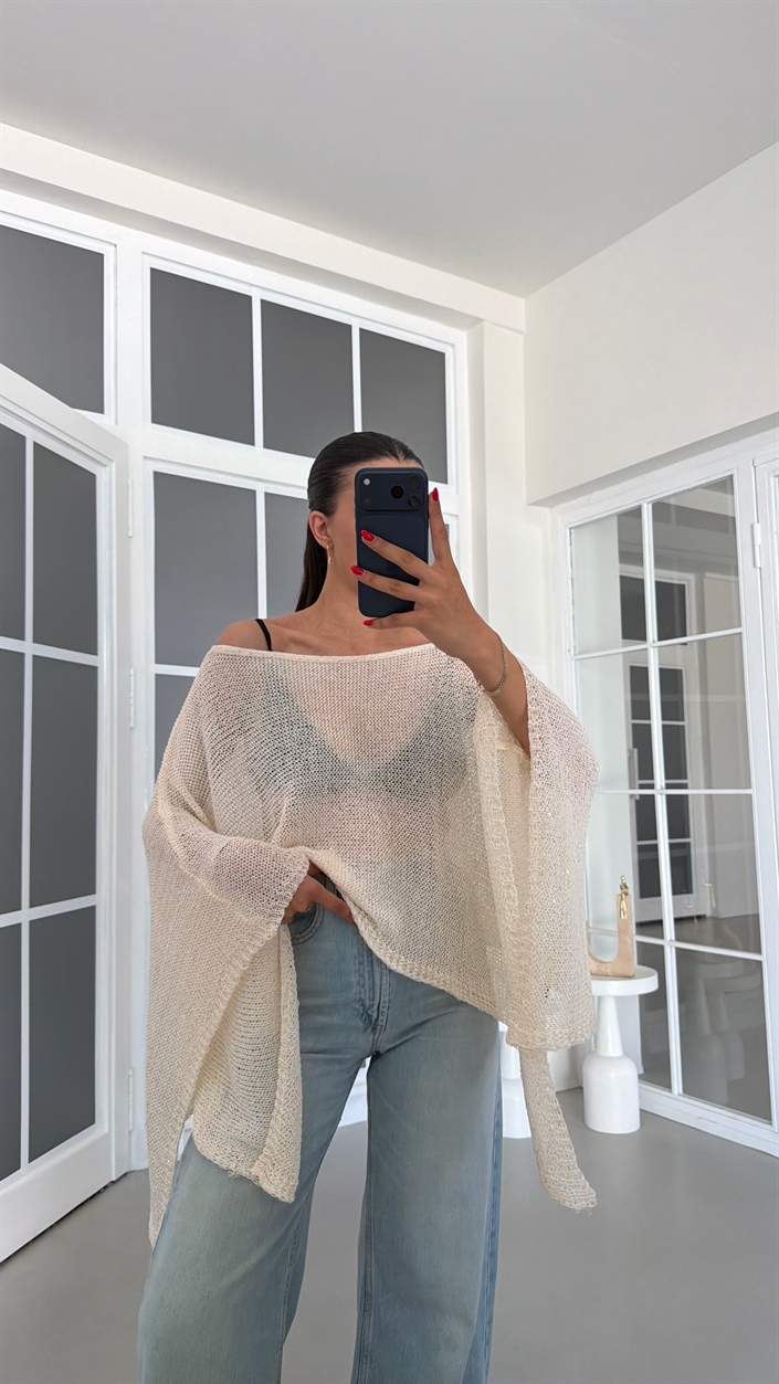 Krem Asimetrik Sim Detaylı Triko Panço GAUS-01836