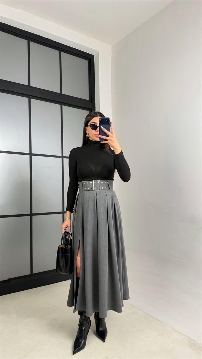 Gri Yırtmaçlı Kemerli Pinterest Etek GAUS-01068