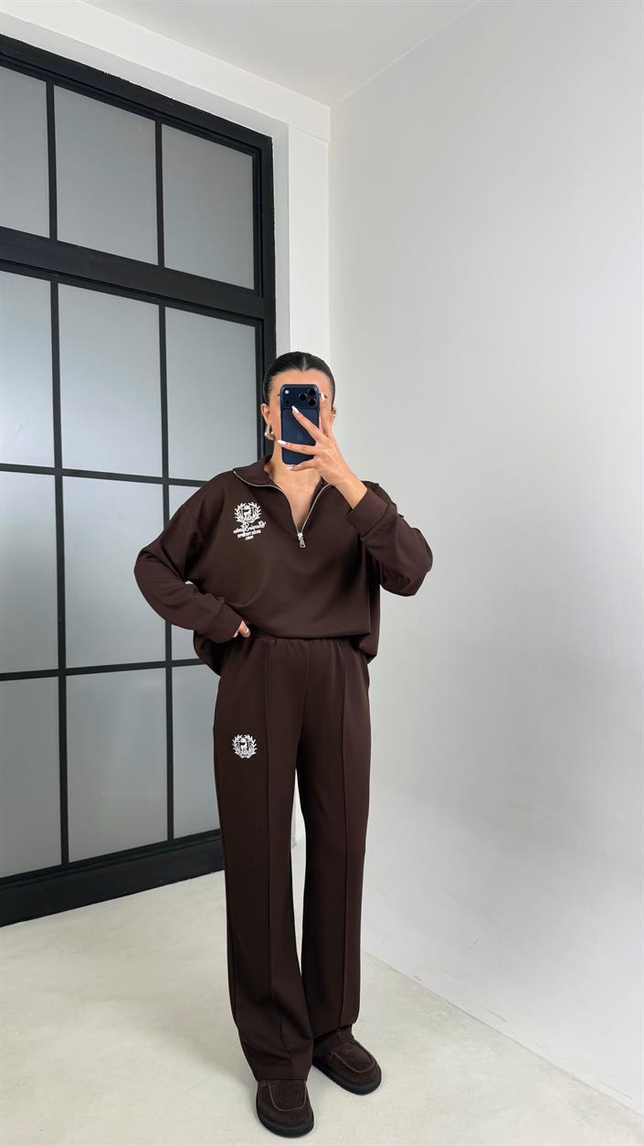 Kahve Fermuarlı Baskılı Sweatshirt Beli Lastikli Eşofman İkili Takım GAUS-00597