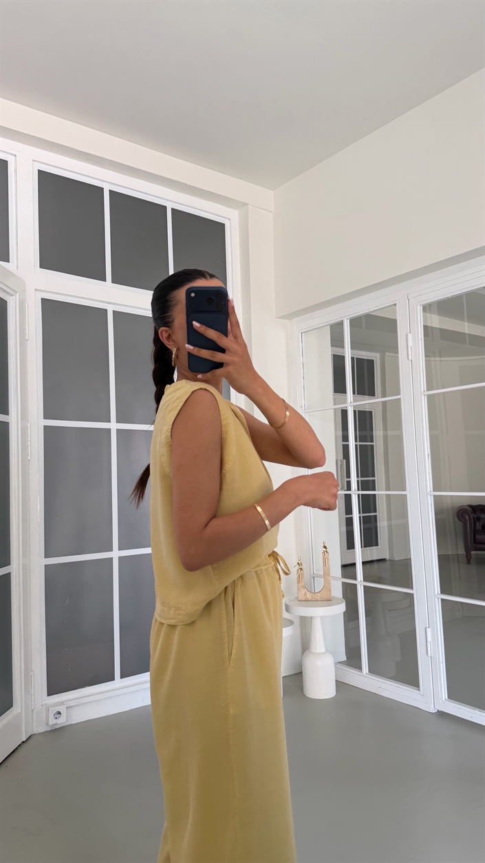 Sarı Bluz Beli Lastikli Pantolon Yıkamalı Tencel Takım GAUS-01795