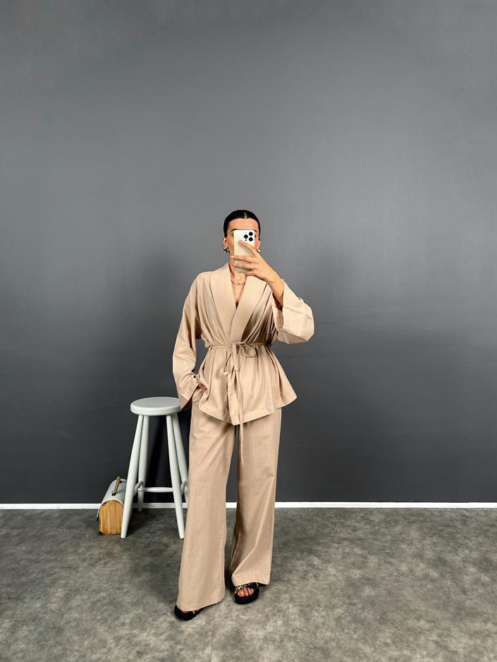 Guta Sütlü Kahve Keten Karışımlı Yarım Astarlı Pantolon Kimono İkili Takım