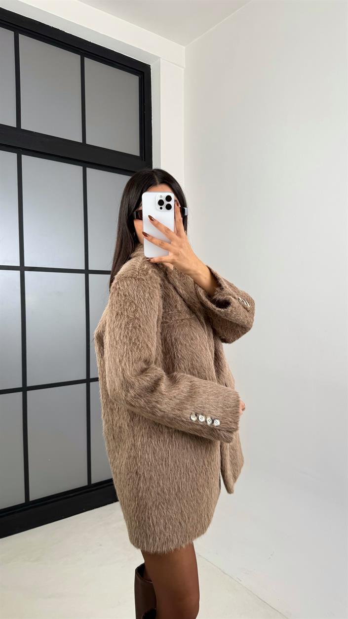 Kahve Astarlı Vatkalı Keçe Kumaş Blazer Ceket GAUS-00225