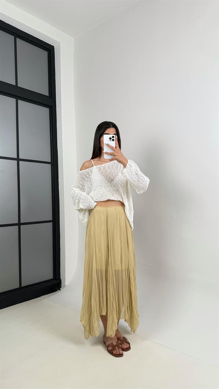 Soft Haki Astarlı Kırışık Şifon Muadil Etek Gaus00447