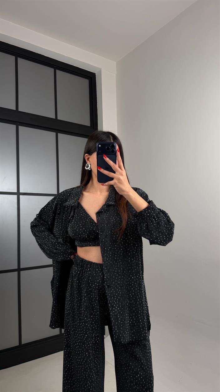 Siyah Taş Detaylı Gömlek Crop Beli Lastikli Pantolon Tasarım Takım GAUS-00919