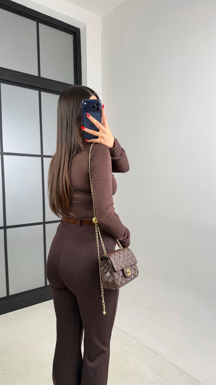 Kahve Kemerli Palazzo Tayt Pantolon GAUS-00958