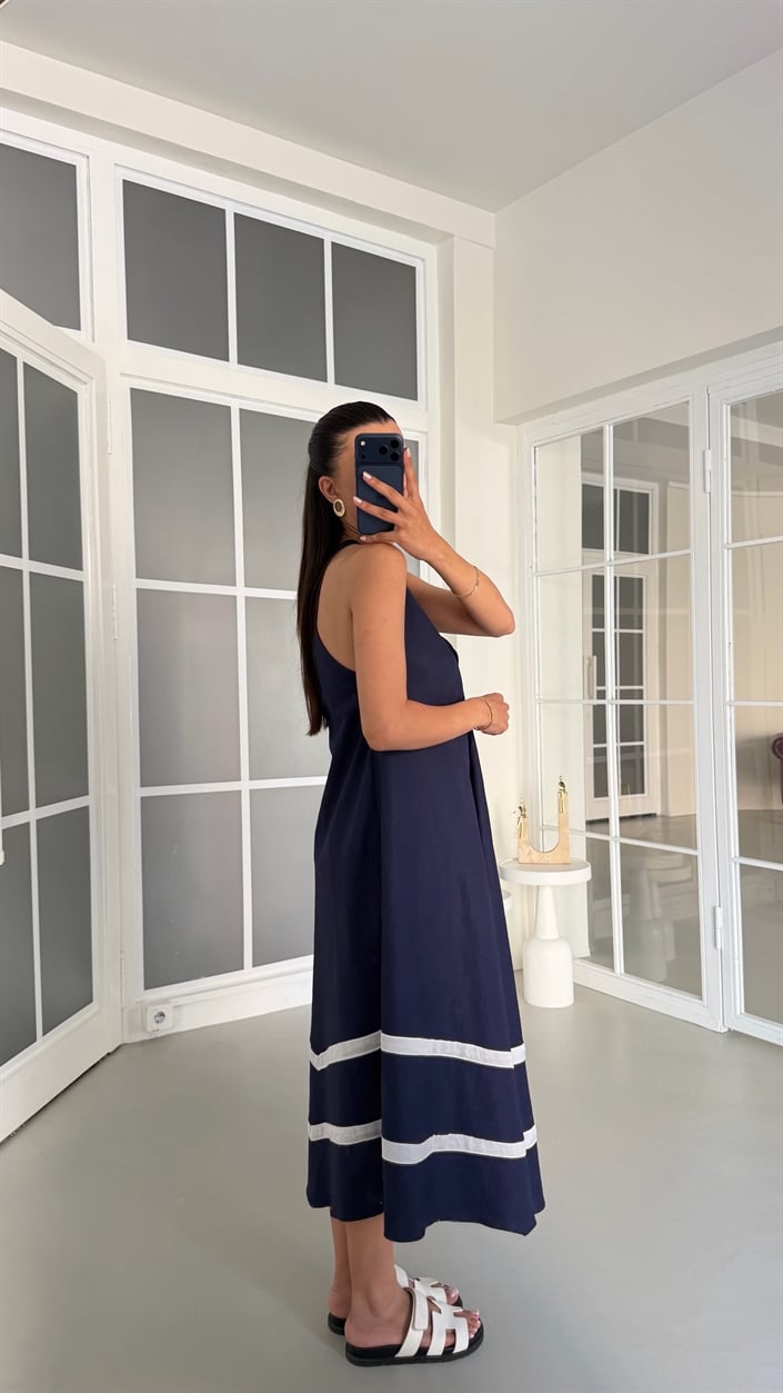 Lacivert Şerit Detaylı Premium Keten Elbise GAUS-01766