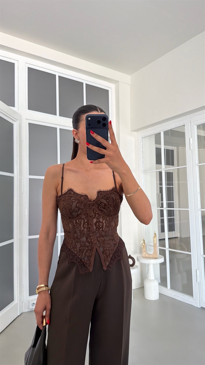 Kahve Dantelli Korse Bluz GAUS-01860