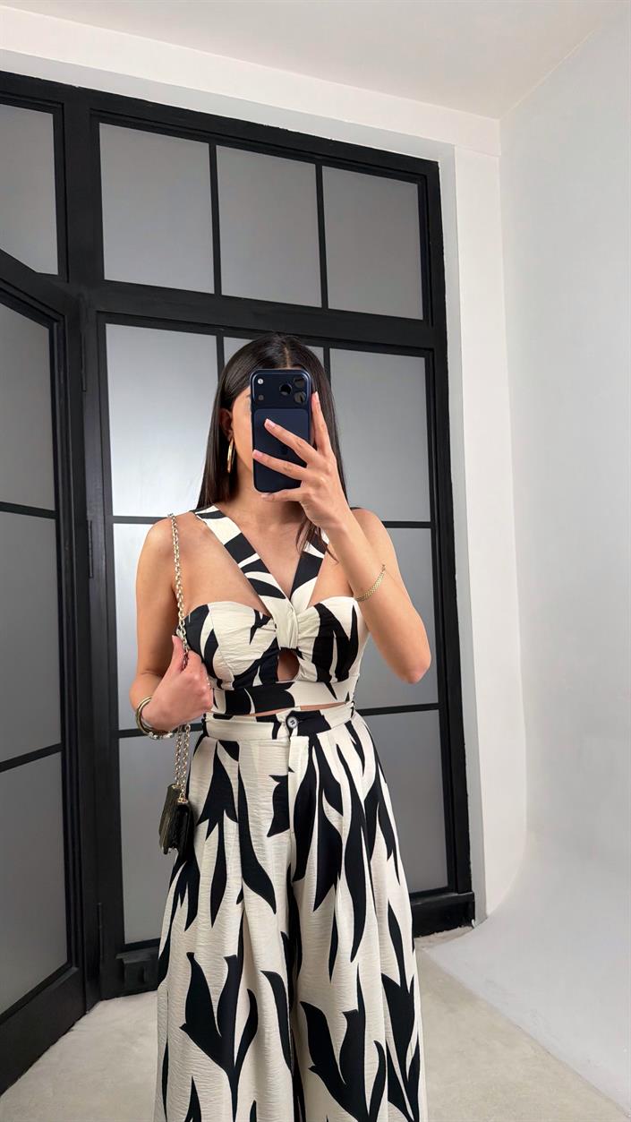 Ekru Desenli Beli Lastikli Crop Cepli Pantolon İkili Premium Takım GAUS-01390