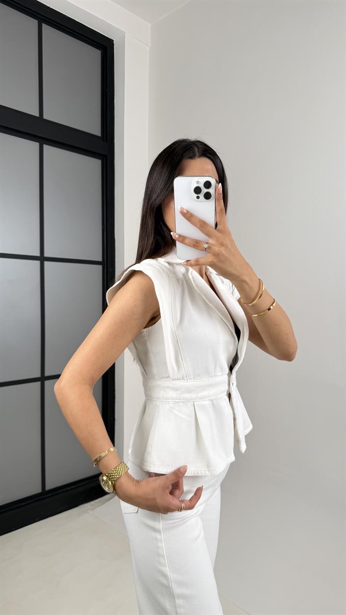 Beyaz Düğmeli Denim Tasarım Yelek Gaus00602