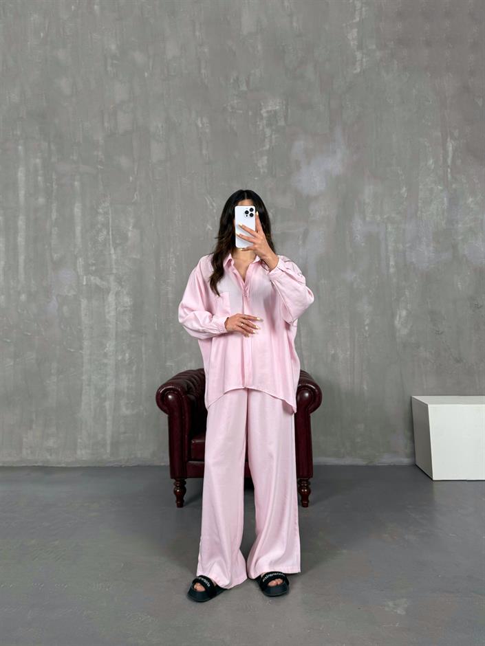 Pembe Cepli Gömlek Beli Lastikli Pantolon Tensel Takım Gaus00134