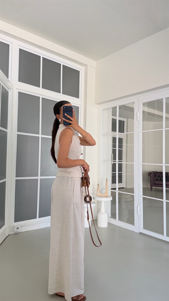 Taş Düğme Detaylı Ceket Pantolon İkili Keten Takım GAUS-01739