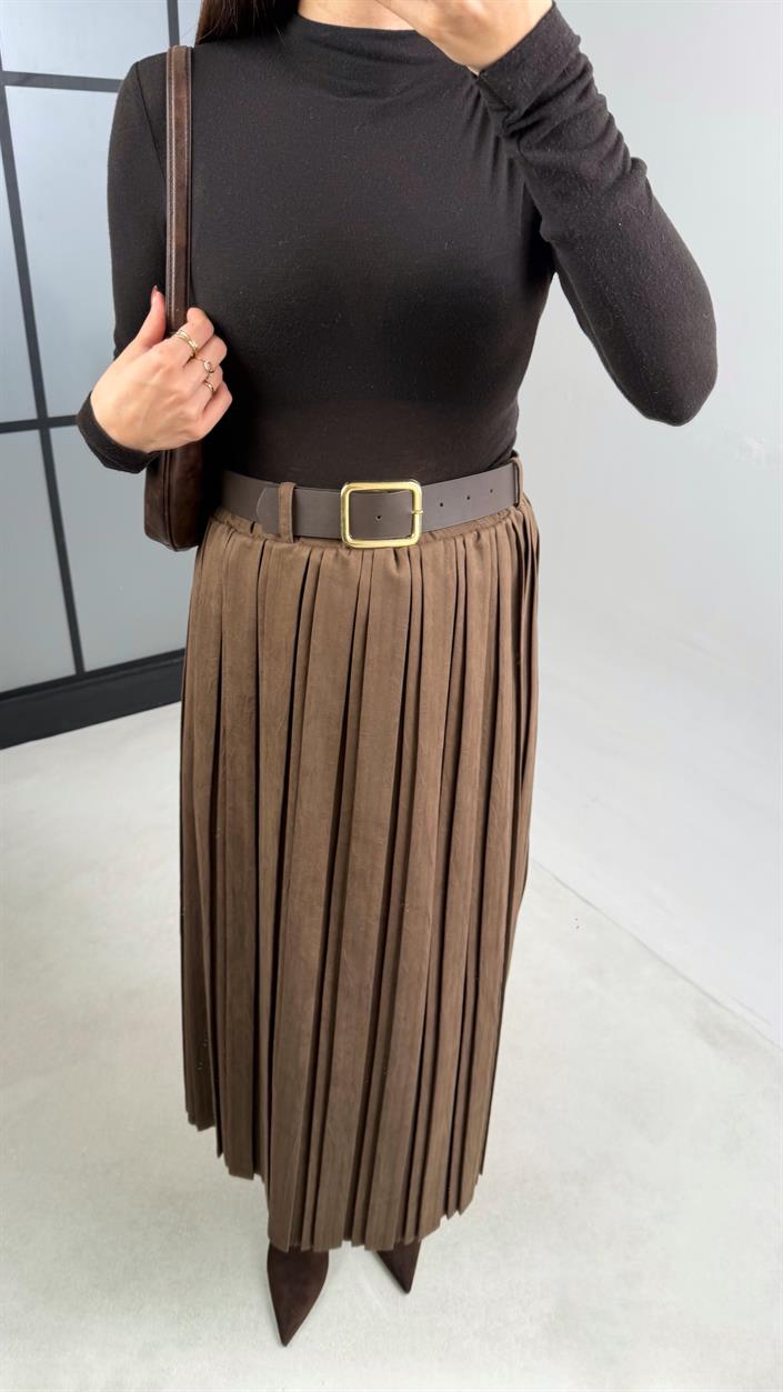 Kahve Astarlı Kemerli Süet Etek GAUS-01080