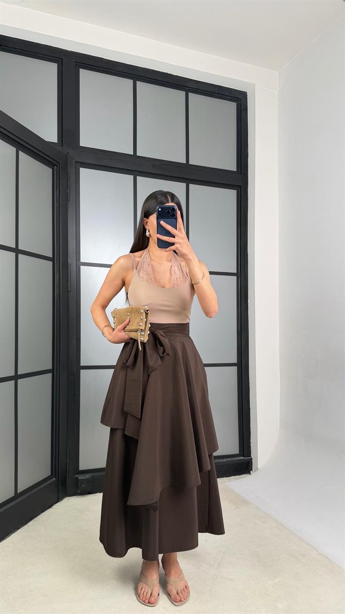 Acı Kahve İthal Tencel Kumaş Tasarım Etek Pantolon GAUS-01412