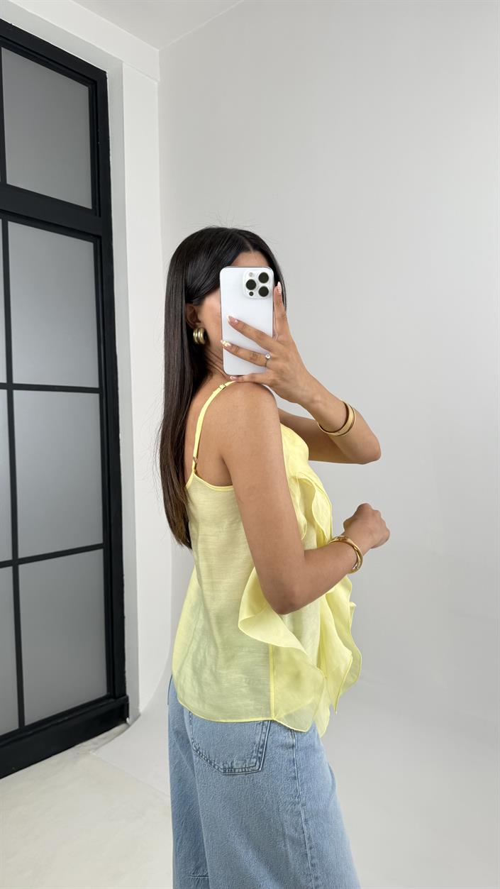 Sarı Ayarlanabilir Askılı MD Muadil Fırfır Detaylı Bluz Gaus00665