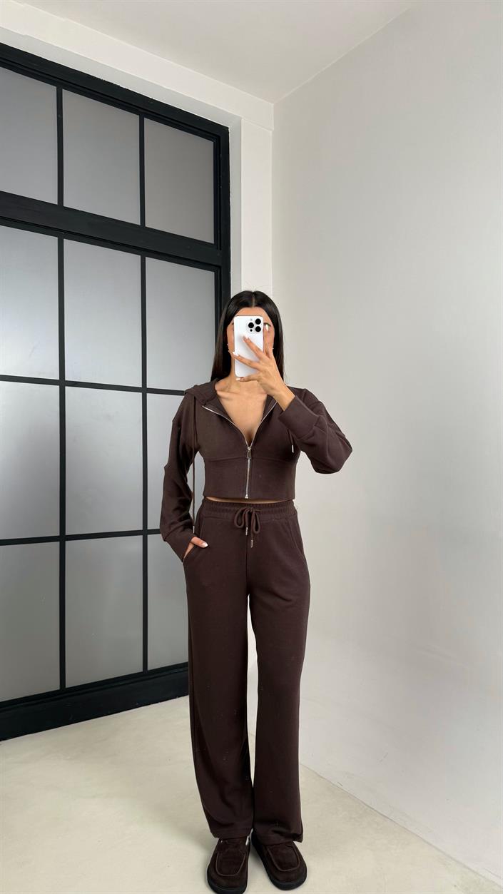 Acı Kahve Hırka Beli Lastikli Pantolon İkili Selanik Kumaş Takım GAUS-00523