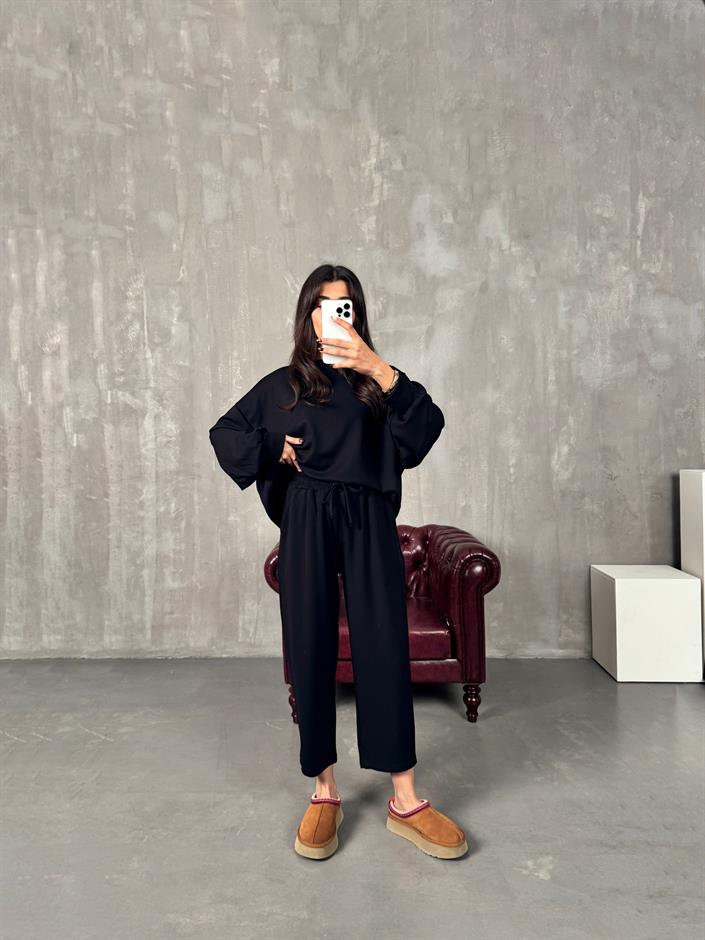 Serge Siyah Oys Kumaş Oversize İkili Takım 